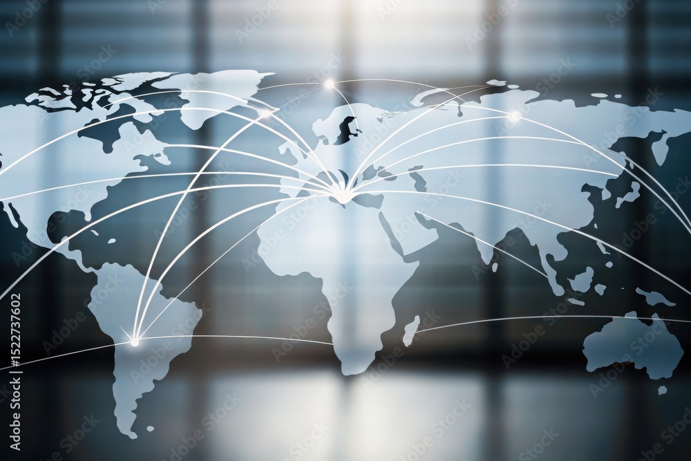 Poster a digital world map with connecting lines symbolizing global communication and international connect