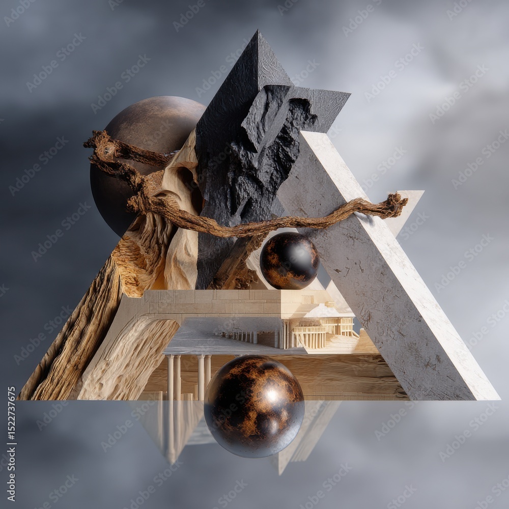 Aufkleber a triangle made of three different shapes, including a sphere and a pyramid