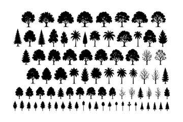 silhouette tree line drawing set, vector illustration