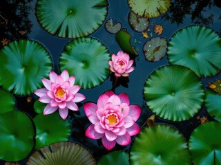Pink Lotus Blossom on Green Pond, Top View, Natural Beauty