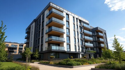 Fototapeta premium A modern block of flats with glass balconies under a clear blue sky, captured from a low angle to emphasize height and symmetry