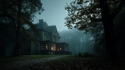 Mysterious Old Mansion House Dark Forest Foggy Night Spooky Atmosphere Vintage Architecture Eerie Scene Creepy Building Gothic Style Haunted House Dark Trees Nighttime Landscape Mystery Dramatic      