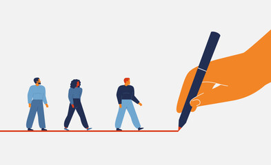 Business team members moving direction by the leader. Manager or boss drawing by pen strategy line for employees to achieve goal or target. Planning job and motivation staff. Vector illustration