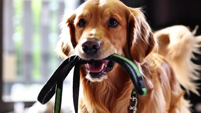 Dog, Golden Retriever,  puppy, playfully holding its leash