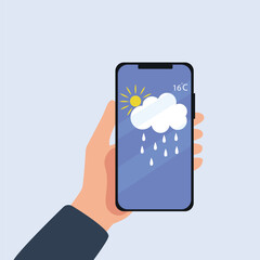 Hand holding smartphone weather forecast on the phone screen with a weather forecast icon vector illustration.