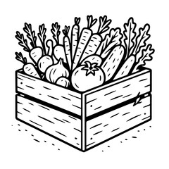 wooden box filled with fresh vegetables, vector illustration