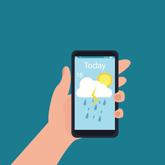 Hand holding smartphone weather forecast on the phone screen with a weather forecast icon vector illustration.