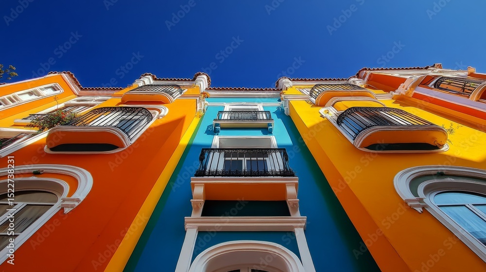 Poster a wide-angle view of a colorful apartment building facade against a deep blue sky, showing repeating