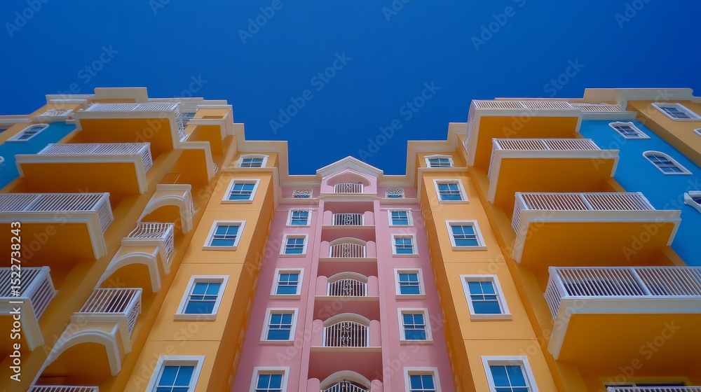 Aufkleber a wide-angle view of a colorful apartment building facade against a deep blue sky, showing repeating