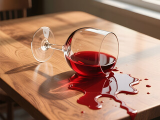 Accidental Wine Spill Scene – Red Liquid and Glass on Wood Surface