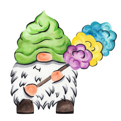 Cute male gnome in a green hat holding a vibrant flower bouquet. Charming watercolor illustration for whimsical decor and greeting card design.