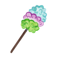 Colorful duster, a house helper's tool. Watercolor illustration of cleaning equipment for gnome or fairy tale theme.