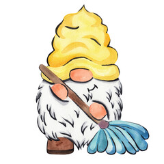 Cute gnome character with yellow hat and white beard holding a blue mop, a house helper for cleaning concept.