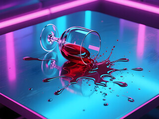 Spilled Red Wine Glass on Nightclub Table with Neon Lights
