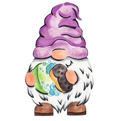 A cute gnome in a purple hat and with a long white beard, holding a green bowl for washing dishes and a sponge, a house helper.
