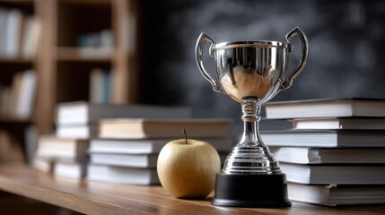 A trophy sits on a table next to a stack of books and an apple
