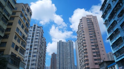 High-rise residential flats towering into a vivid blue sky with soft white clouds, seen from street level