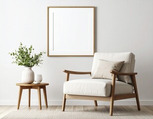 Minimalist interior with blank frame armchair and eucalyptus bouquet on a wooden table