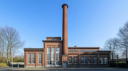 Historic industrial building in Duisburg with a tall brick chimney under a clear blue sky, showcasing German industrial heritage