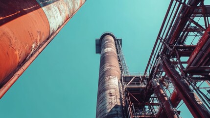Low-angle shot of a factory chimney in Duisburg, reaching into a crisp blue sky with industrial textures and steel beams