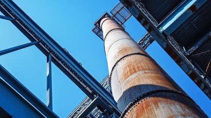 Low-angle shot of a factory chimney in Duisburg, reaching into a crisp blue sky with industrial textures and steel beams
