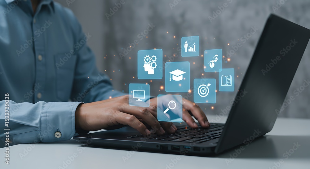 Poster human resources professional using laptop to analyze job applications and select candidates for inte