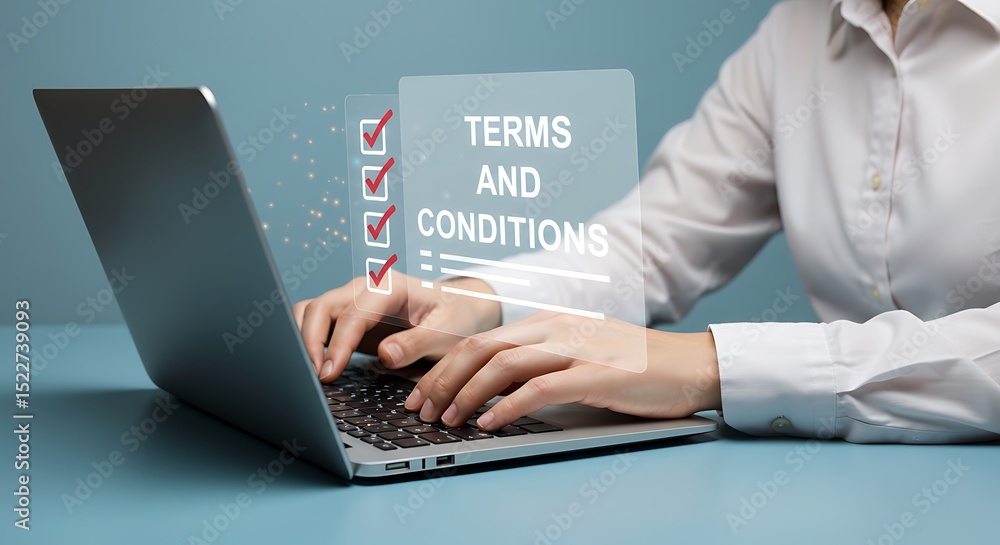 Poster man typing on laptop with digital user interface representing online recruitment hr and data managem