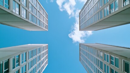 Newly constructed apartment blocks with clean lines and bright facades under a rich blue summer sky
