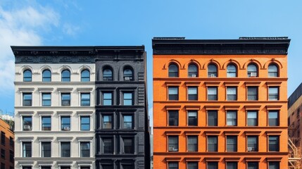 Old and new apartment buildings side by side under a pristine blue sky, showing architectural contrast
