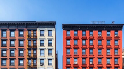 Old and new apartment buildings side by side under a pristine blue sky, showing architectural contrast