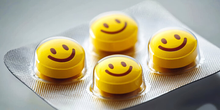 Yellow round pills with smiley face icons in blister pack close up on gray background promoting happiness and positive mood concept