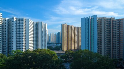 Rows of uniform high-rise flats lined along a street, with sharp shadows under a bright midday blue sky