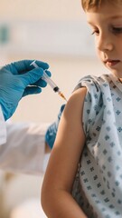 A child getting vaccinated with an injection in a medical environment. The focus is on health and care