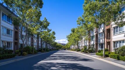 Rows of uniform high-rise flats lined along a street, with sharp shadows under a bright midday blue sky
