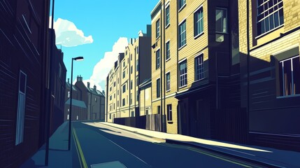 Rows of uniform high-rise flats lined along a street, with sharp shadows under a bright midday blue sky