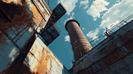 Steel mill remains in Duisburg with dramatic shadows and a massive chimney under the calm of a blue sky