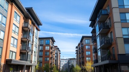 Vertical shot of apartment buildings forming a canyon-like view, with the blue sky peeking between them