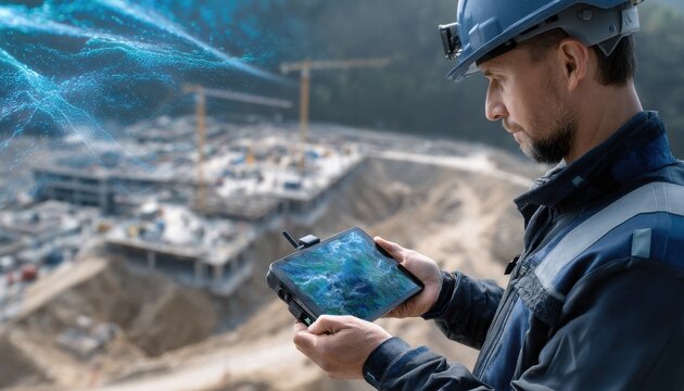 A man wearing a hard hat is holding a tablet and looking at a construction site