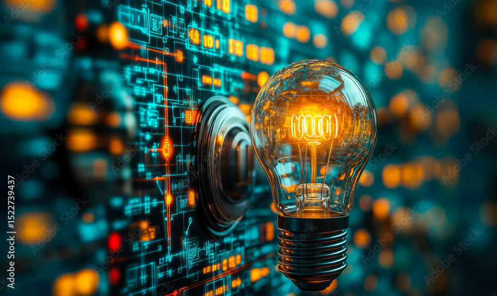 Aufkleber glowing light bulb with digital circuit board background conceptualizing innovation technology idea 