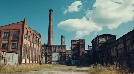 Wide shot of an abandoned industrial site in Duisburg, featuring red brick buildings and a towering smokestack under blue skies
