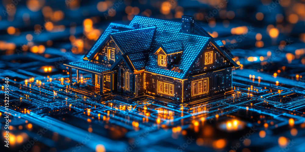 Poster digital smart home model on glowing electronic circuit board representing real estate technology inn
