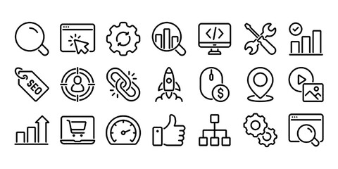 SEO Search Engine Optimization editable stroke outline icons set isolated on white background flat vector illustration.