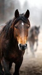 Obraz premium Close-up of a majestic brown horse in a misty landscape with other horses in the background during early morning light