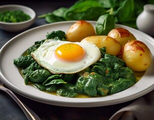 Cremiger Blattspinat mit Spiegelei und Salzkartoffeln – klassische Hausmannskost auf einem weißen Teller