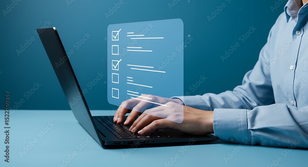 Poster person using laptop with chatbot and communication icons representing ai customer service and digita
