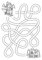 Ski maze activity sheet for children. Cute maze for kids. Kids labyrinth puzzle. Black and white maze puzzle game for children.	