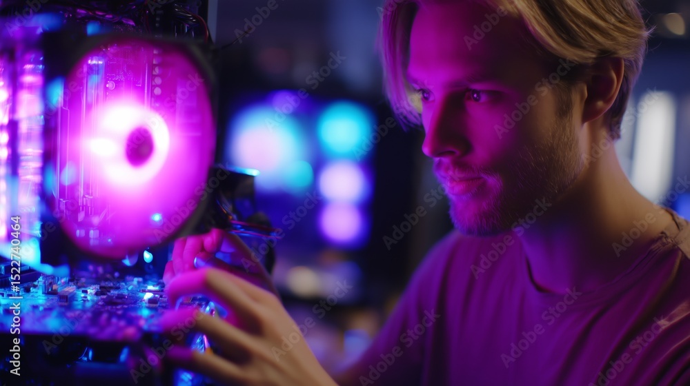 Poster young technician working on a computer setup with colorful lights in a modern lab during the evening