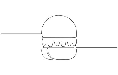 Burger continuous one line drawing, Continuous one line drawing of burger. One line drawing illustration of hamburger. Junk food, fast food concept single line.