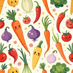 Seamless pattern of cute kitchen vegetables
