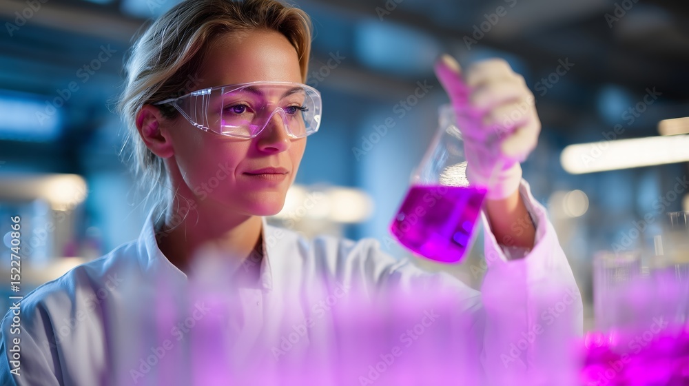 Aufkleber scientist conducting an experiment with purple liquid in a laboratory setting during the day